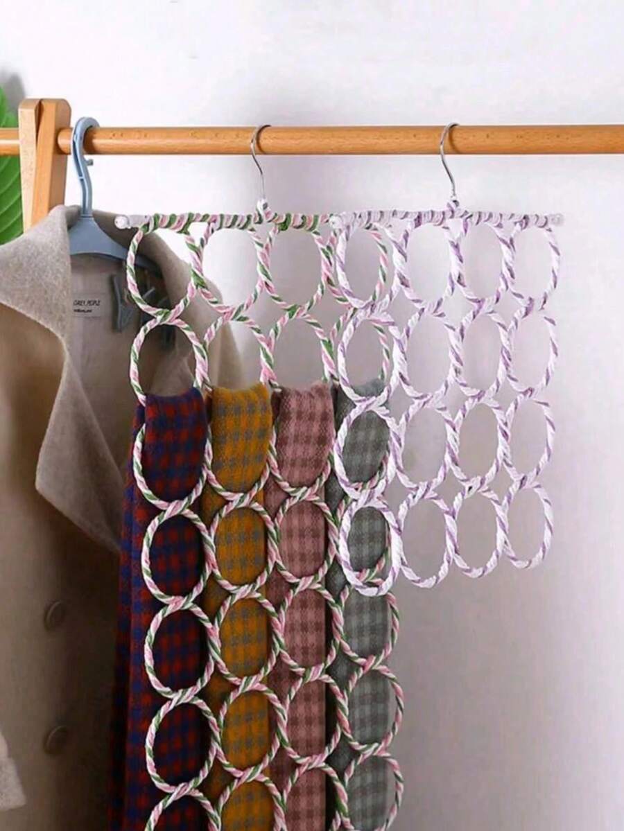 1pc 28-Ring & Colorful Woven Foldable 16-Ring Scarf Hook, Random Color Belt Storage Rack. Perfect For Home, Bedroom, Autumn, Spring & Holiday Decor. Practical Storage Rack, Matches Women's White T-Shirts, Black Pants, Winter Clothes & Dresses - Random Color - View 1