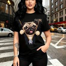 Camiseta de mujer con estampado adorable de pug asomándose tras cremallera y lengua fuera - camiseta casual de manga corta, ajuste cómodo y moderno, estilo urbano divertido - ideal para paseos por la ciudad, salidas con amigas y regalo perfecto para - Negro - Ver 7