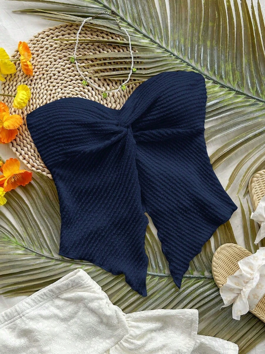 Top sin mangas de punto azul marino con textura y dobladillo retorcido para mujer de vacaciones - Azul marino - Ver 1