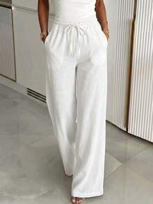 Vaiaye 女款夏季抽繩腰寬鬆亞麻混紡寬腿長褲 - 休閒舒適版型長褲 白色 - 白色 - 查看 3