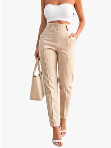 Women's Tailored Trousers, Social Casual, High-Waisted, Elegant And Comfortable, With Pockets And Covered Button. - 沙 - 查看 6