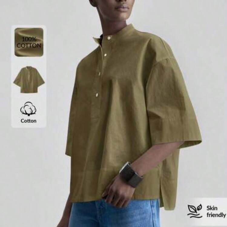 WNS Ontre 2026ss Blusa holgada de satén cómoda y suave para mujer, parte delantera corta y parte trasera larga, moda urbana moderna de negocios casuales para oficina, estilo retro discreto de alta gama, uso versátil para todo tipo de ocasiones como bodas, conciertos, viajes, con tela de alta calidad y estilo bohemio cómodo y transpirable - Verde militar - Añade 1