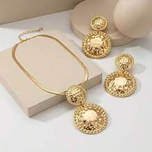 3pcs/Set Geometric Round Necklace & Asymmetrical Convex Earrings Jewelry Set, Elegant & Fashionable - Gold - View 4