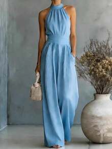 New Hit Jumpsuit For Women, Sleeveless, Halter Style, Loose And Wide Leg Cut, Fitted Waist, Flattering Design, Elegant, Perfect For Daytime Looks, Walks And Casual Occasions - 淺藍色 - 查看 4