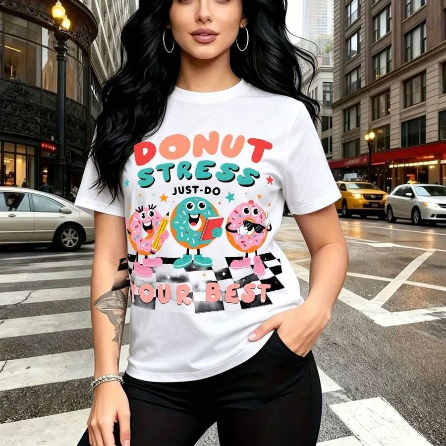 Camiseta de mujer con estampado divertido de donas y frase "Donut Stress Your Best" - diseño colorido con ilustraciones de donas rosas, azules y chocolate, ajuste cómodo y casual, estilo urbano ideal para paseos por la ciudad o salidas con amigas - r - Blanco - Ver 1