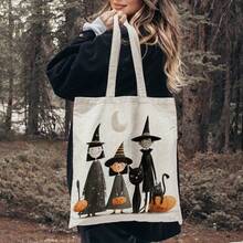 1pc, Halloween Witches And Cats Canvas Tote Bag Reusable Grocery Bags (13.8"X15.8"), Spooky Seasonal Bag For Daily Shopping, Commuting, Halloween Party, Reusable Grocery Tote, Stylish Witch Themed Bag For Halloween Lovers - White - View 2