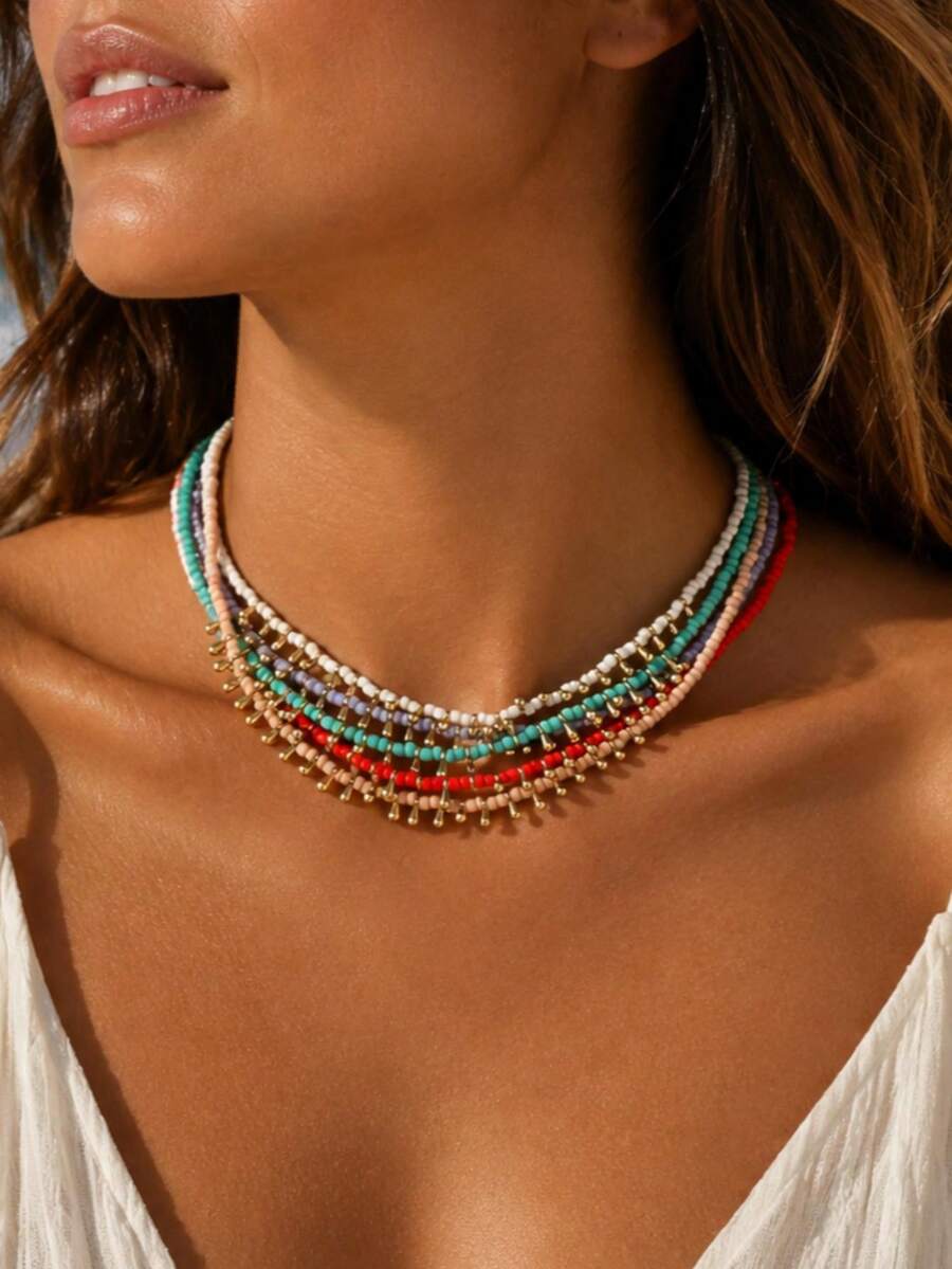 5pcs Bohemian Style Turquoise Teardrop Gold Necklace, Versatile Party/Casual Wear Necklace, Great Mother's Day Gift