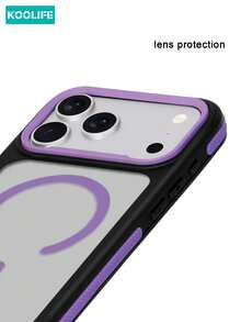 Koolife 1pc Black And Purple Neon Contrast Magnetic Phone Case, PC+TPU Anti-Slip Protective Shell, Matte Transparent Back Panel, MagSafe Compatible, Shockproof Phone Case Compatible With Apple 17/17pro/17promax - Purple - View 5