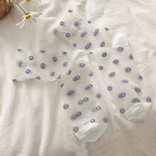 1/2/3 Pairs Women's Thin Mid-Calf Socks For Spring & Summer, Transparent Crystal Silk Stockings, Floral Pattern Ladies Socks - Multicolor - View 20