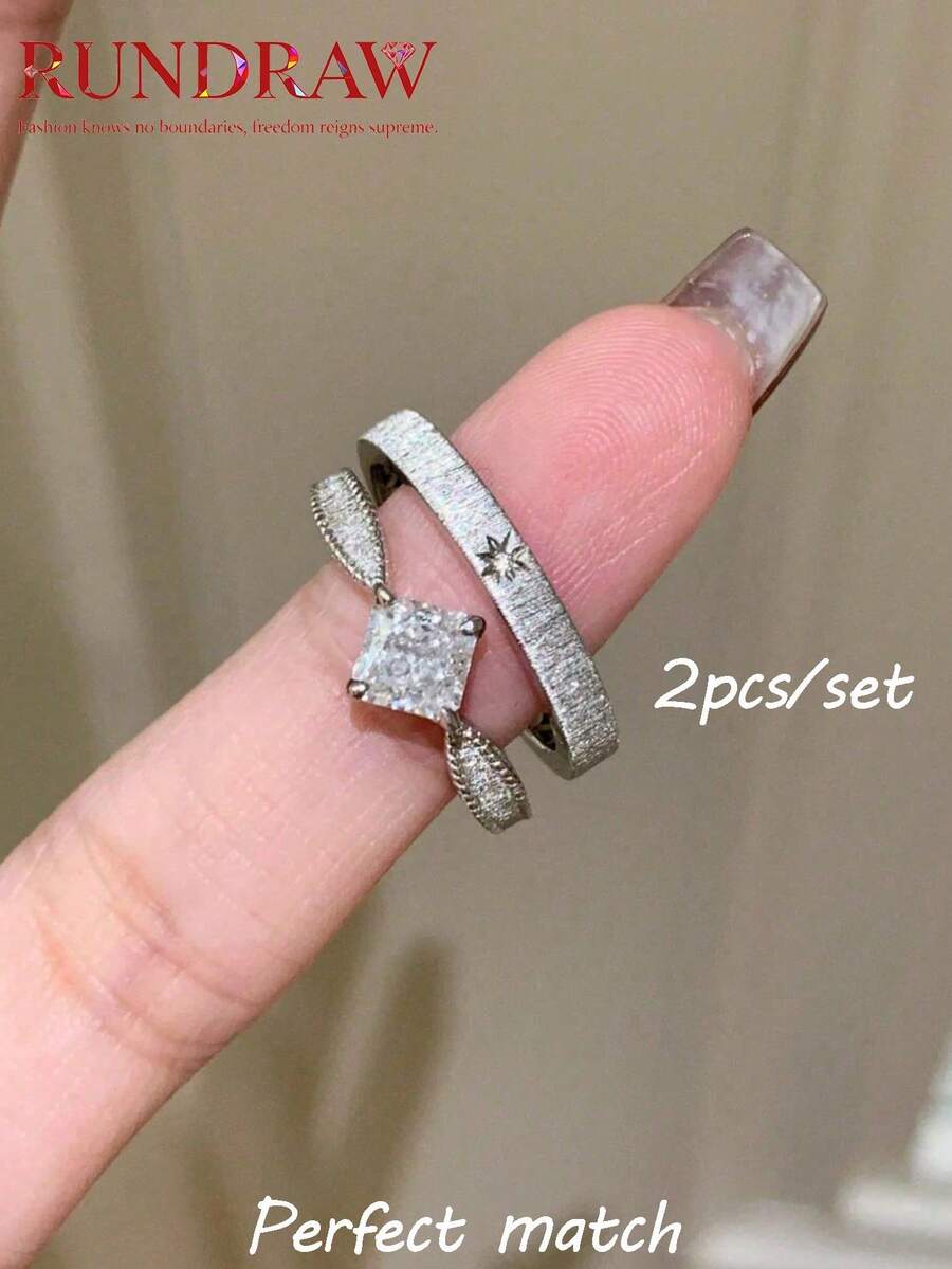 rundraw 2pcs New Geometric Star Zirconia Copper & Silver Adjustable Rings, Luxury Fashion Accessory Suitable For Party, Daily Outfit - Multicolor - View 1
