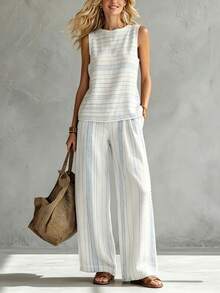 A Women's Fresh & Intellectual Woven Fabric Structured & Durable Gift For Friend Summer Casual Shopping White And Blue Stripe Style Women's Vest Straight-Leg Pants Set - Nhiều màu - Xem 1