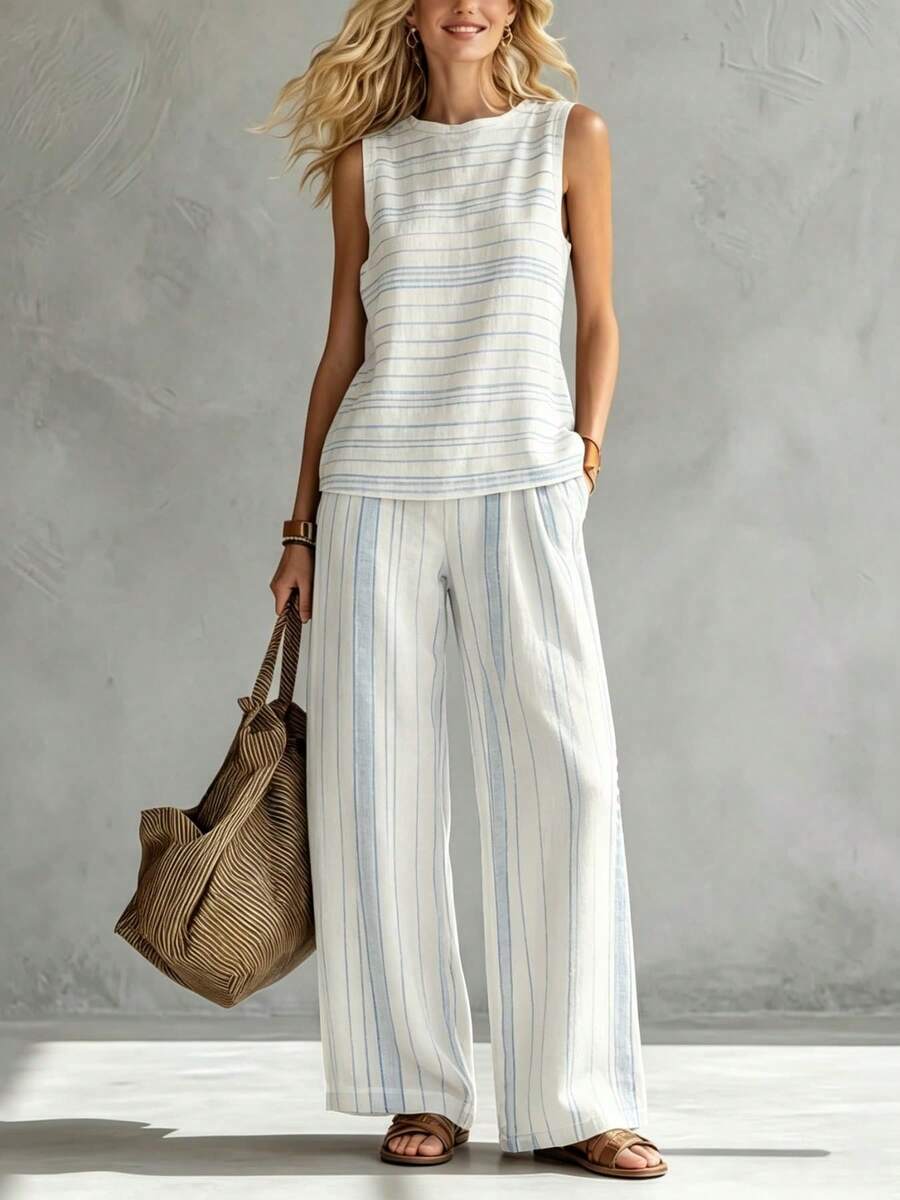 A Women's Fresh & Intellectual Woven Fabric Structured & Durable Gift For Friend Summer Casual Shopping White And Blue Stripe Style Women's Vest Straight-Leg Pants Set - Nhiều màu - Xem 1