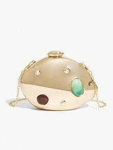 Bolso de mano con carcasa dura de metal de moda, con incrustaciones de piedras preciosas exquisitas, bolso bandolera con cadena de metal, bolso de cena de diseño de nicho, adecuado para banquetes y reuniones - Dorado - Ver 6