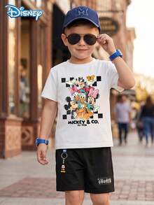 Disney 男童T恤套裝，夏季套裝迪士尼復古懷舊風格，寬鬆落肩圓領白色迪士尼家庭照短袖 + 純黑色短褲，休閒日常出遊度假派對穿著，適合8歲以下男童 - 黑色 - 查看 2