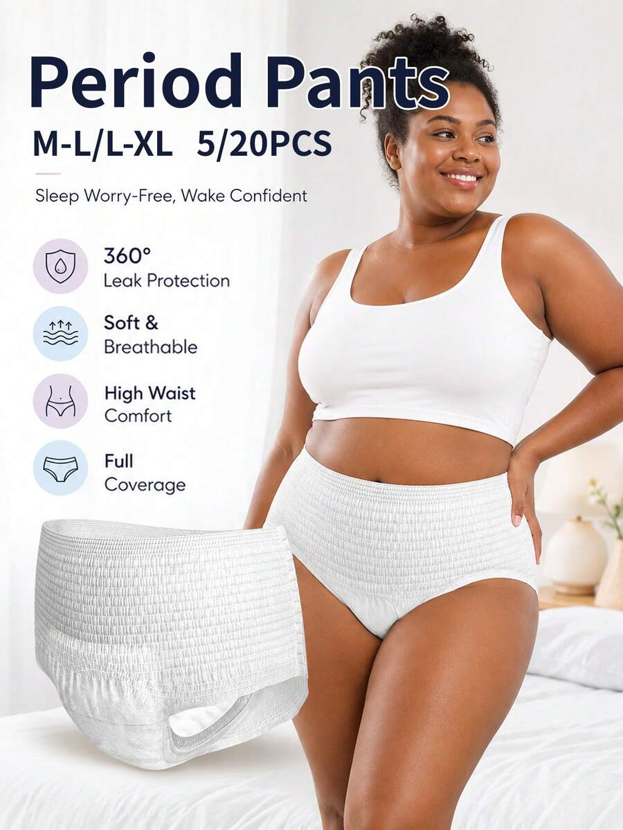 5/20 Peças Calcinhas Noturnas para Menstruação Feminina, Cintura Alta 360° à Prova de Vazamentos, Calcinhas Descartáveis Macias e Respiráveis com Cobertura Completa - calças menstruais - Visão 1