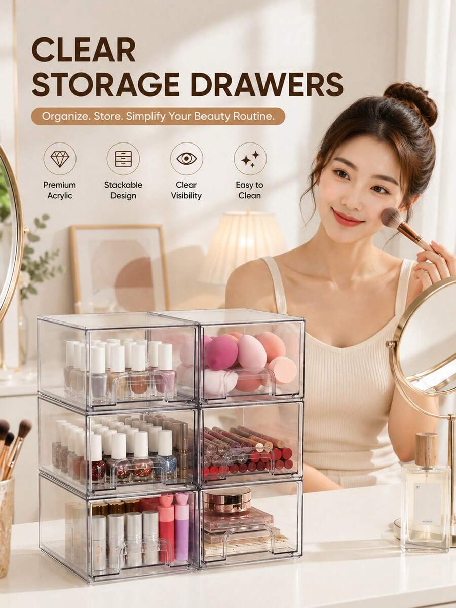 2/4件組可堆疊壓克力化妝收納抽屜，高級化妝品收納盒，適用於梳妝台、浴室、水槽下方及廚房櫥櫃，多功能浴室與廚房收納方案，返校季