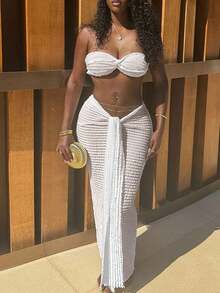 Conjunto de Top Cropped Bandeau com Nó Torcido e Textura Casual de Praia e Saia Envelope, /Verão - Branco - Visão 4