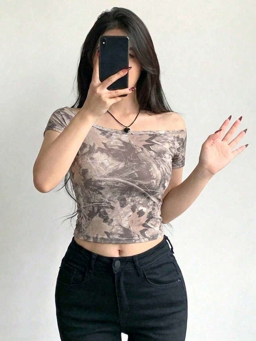 Camiseta de manga larga ajustada con hombro asimétrico y plisado asimétrico para mujer - Multicolor 3 - Ver 1
