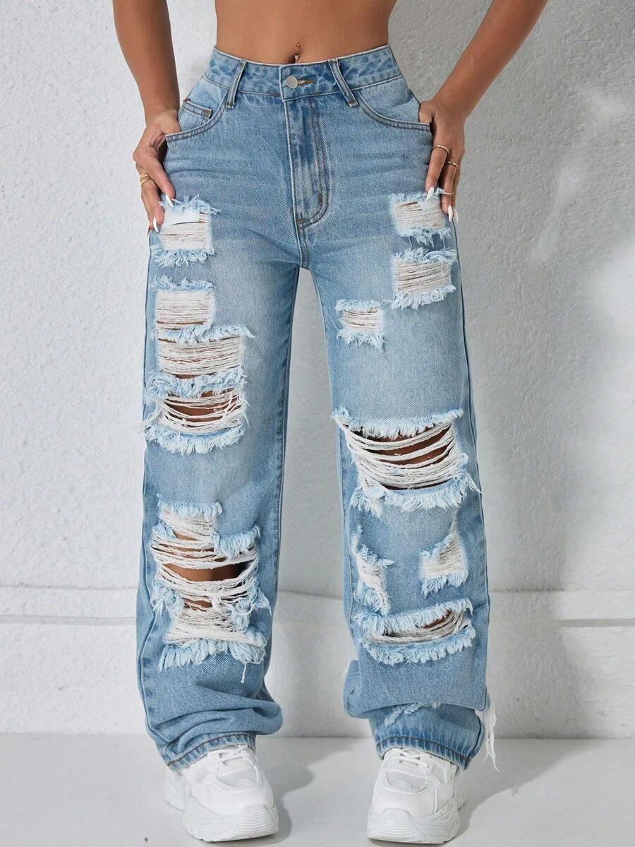 Jeans rectos de cintura alta con bolsillos laterales y abertura, estilo vintage Y2K, casual de primavera - Azul - Ver 1