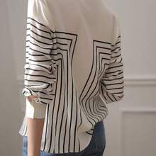 Women's fashion YUXIN Blusa de seda con rayas geométricas para mujer, de manga larga y ajustada con cuello, transpirable y de moda, adecuada para la oficina/ocasiones sociales ligeras casuales - Rojo - Ver 11