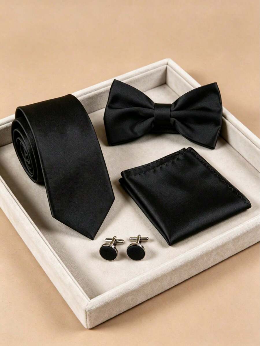 4pcs Men's Business Solid Color Polyester Tie & Bow Tie & Pocket Square & Cufflinks Combination Set, For Weddings - Black - View 1