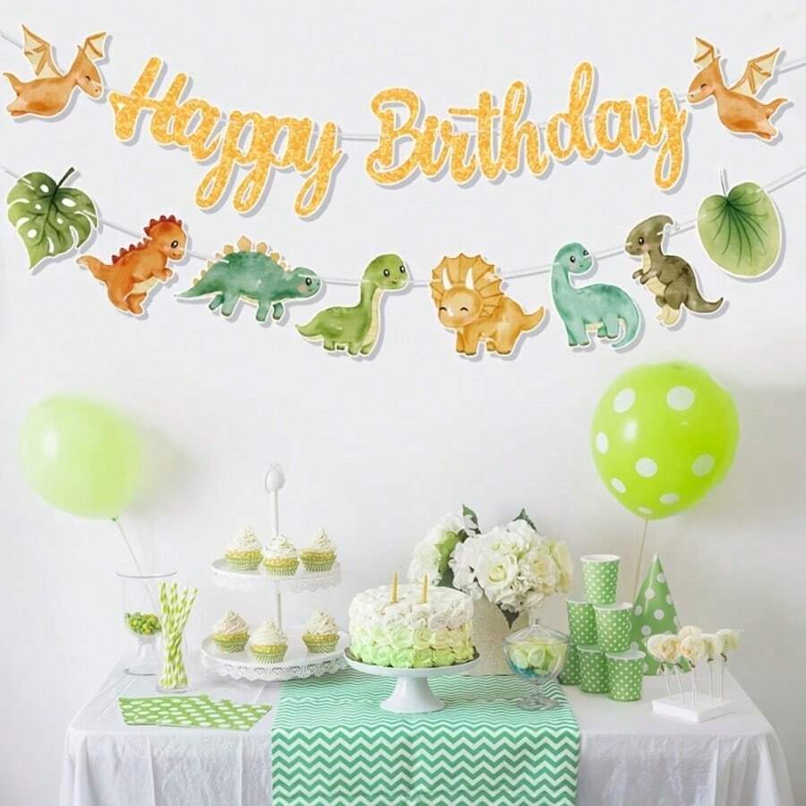 1套恐龍主題生日橫幅,印有「Happy Birthday」,附贈針線禮品,適合主題生日派對牆面裝飾,生日慶祝理想之選,精美生日禮物,亦適用於節日裝飾、居家牆面或房間佈置 - 恐龍 - 查看 1