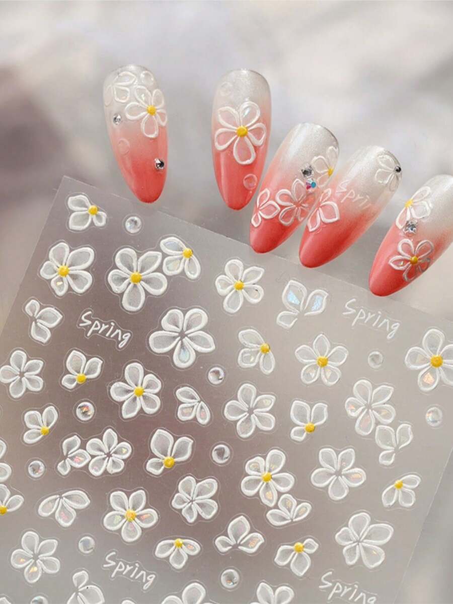 1片 5D雷射白色五瓣花美甲貼紙 春季透感碎花美甲裝飾貼紙 DIY美甲配件 - 彩色 - 查看 1
