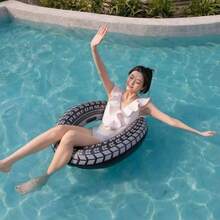 Giant Tyre Swim Ring, Inflatable Pool Tube With Realistic Car Tyre Print, Black Water Float For Summer Pool And Beach Use Max 60kg - Black - View 2
