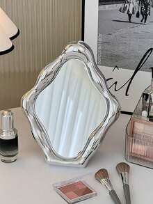 1pc Electroplated Wavy Baroque Style Silver Portable Vanity Makeup Mirror - Multicolor - View 3