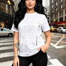 Camiseta de mujer con estampado náutico "LET THE SEA SET YOU FREE" y timón de barco, frase inspiradora "LORD OF THE SEA" y "FREEDOM", diseño urbano y relajado para caminar por la ciudad o ir a la playa, ajuste cómodo y fresco sin restricciones, regal - Blanco - Ver 9