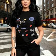 Camiseta de mujer con estampado de gato caricaturesco colorido y burbujas de texto "THE CAT IS CLIMB" y "Happy", diseño divertido con corazones y peces, estilo urbano y desenfadado - ajuste cómodo y fresco ideal para el clima cálido de México, perfec - Negro - Ver 1