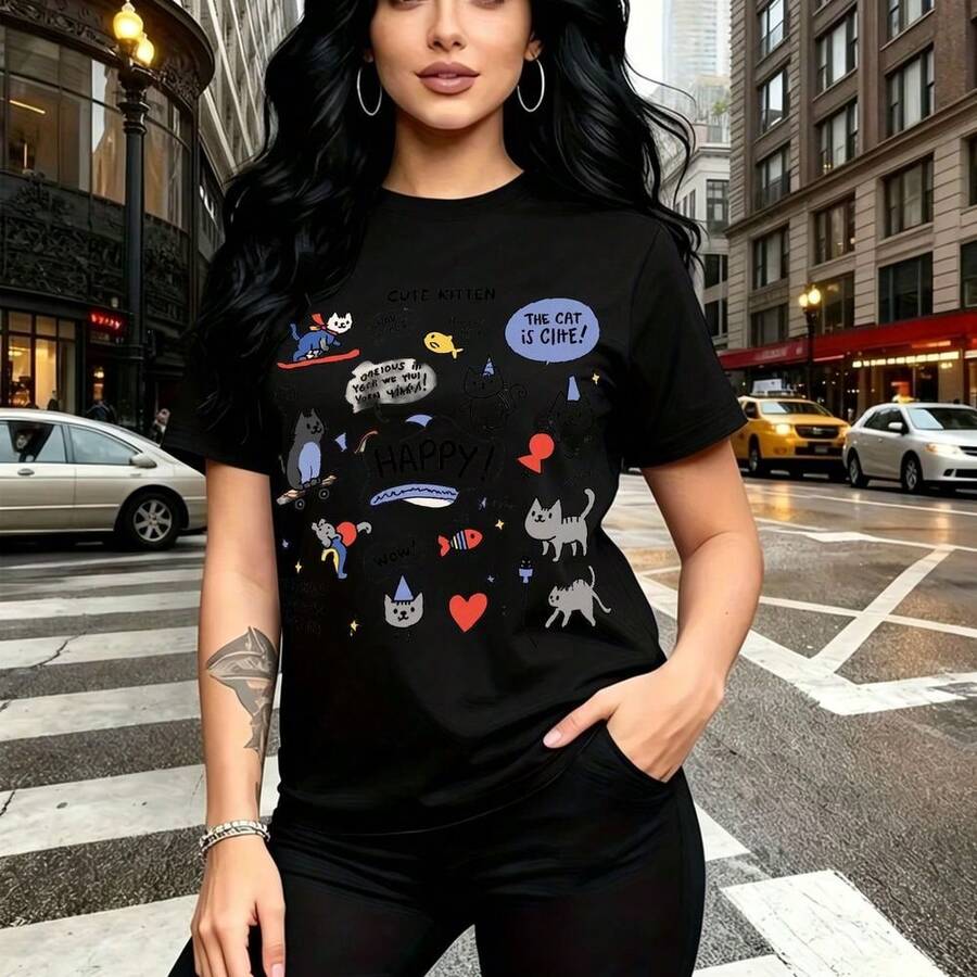 Camiseta de mujer con estampado de gato caricaturesco colorido y burbujas de texto "THE CAT IS CLIMB" y "Happy", diseño divertido con corazones y peces, estilo urbano y desenfadado - ajuste cómodo y fresco ideal para el clima cálido de México, perfec - Negro - Ver 1