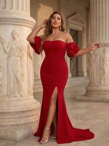 Plus Size Women's Red Off-Shoulder Ruffle Sleeve High Slit Maxi Formal Party Dress - Red - View 3