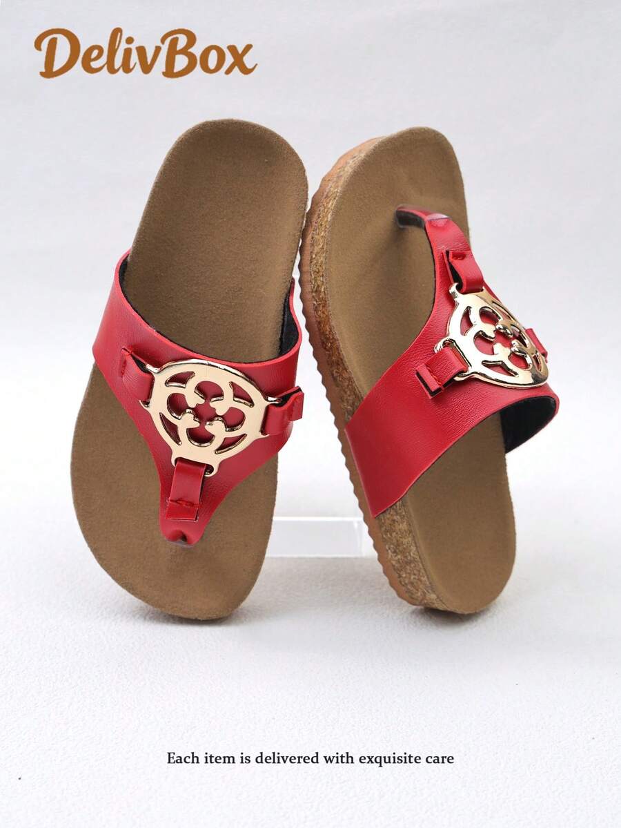1 Pair Girls' Black Toe-Loop -Style Slide Sandals For Retro Casual Summer Wear(Sole/Sole Color Random) - Red - View 1
