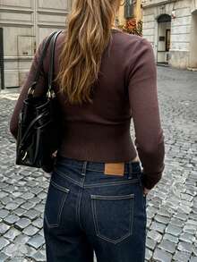 Women's Casual Fashionable Street Style Brown Tight Long Sleeve Top, Autumn - Brown - View 5