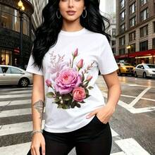 Camiseta de mujer con estampado floral colorido de rosas y lirios en rosa y verde - camiseta casual de manga corta, ajuste cómodo y elegante, estilo urbano y moderno - ideal para paseos por la ciudad, salidas casuales y regalo perfecto para mamá, esp - Blanco - Ver 11