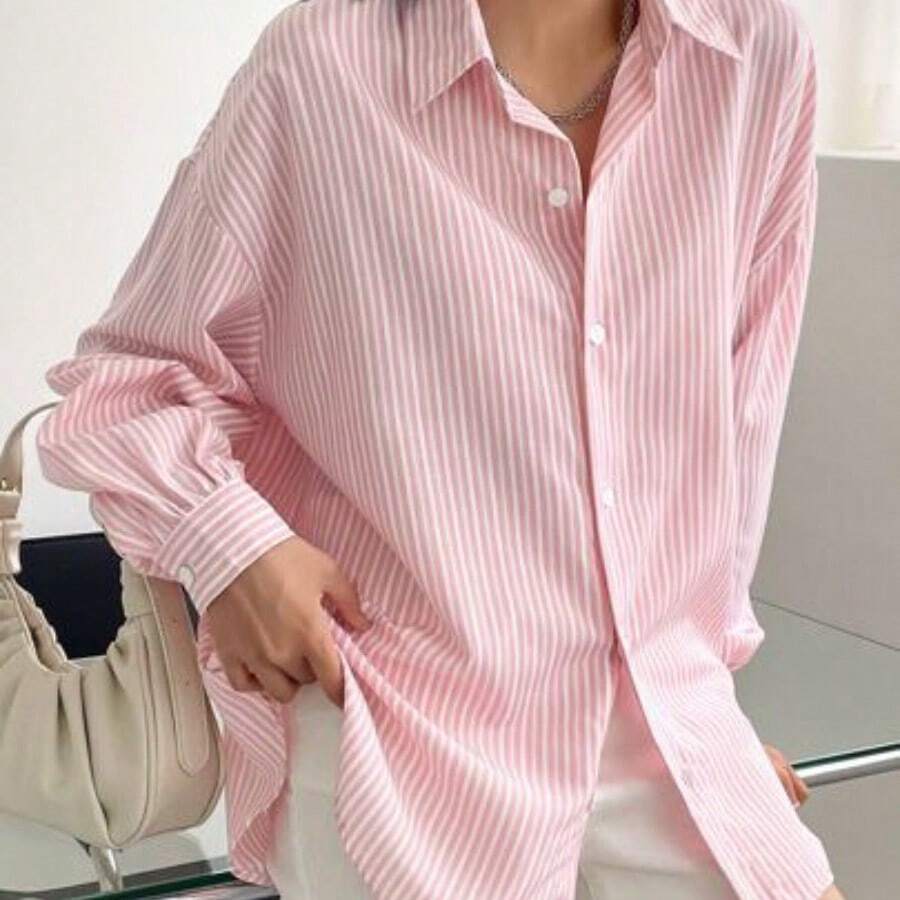 WNS Camisa de hombros caídos a rayas, Ropa de otoño Blusa de manga larga - Rosa Pálido - Ver 1