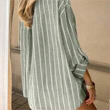 WNS  Camisa casual de mujer de un solo pecho con hombros caídos y mangas enrolladas a rayas - Amarillo - Ver 7
