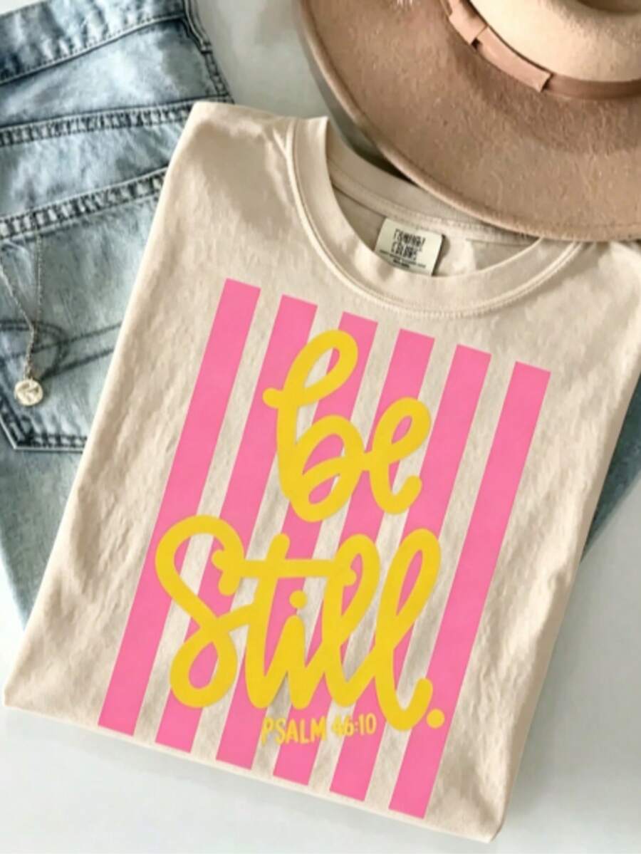 [100% Cotton] Be Still Shirt - Love Like Jesus Girly Pink Stripes T-Shirt Coquette Aesthetic Faith Spring Tee Unisex Women's & Men's Campus Daily Wear - 杏色 - 查看 1