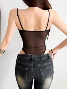 Black Sleeveless Knit Bodycon Tank Top For Women, With Sheer Waist Design, Slim Fit - Black - View 6