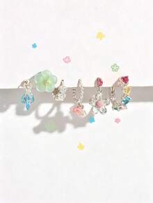 6pcs/Set Colorful Zirconia Flower Earrings & Ear Clips, Fashion Elegant Jewelry Set For Women, Suitable For Party, Holiday, Date Or Wedding - Silver - View 3