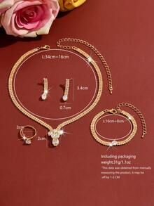 4 piezas Conjunto de joyería nupcial, collar con incrustaciones de cristal, aretes, anillo, pulsera, diseño de gota brillante para novia, adecuado para baile de graduación, boda, compromiso, Día de San Valentín, vacaciones de verano - Multicolor - Ver 5