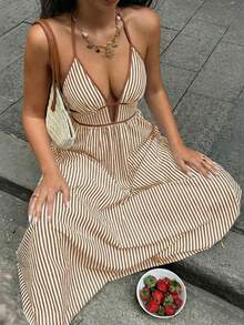 Vestido Cuello Halter Espalda Descubierta Rayas Disponible en Múltiples Colores - Amarillo - Ver 6