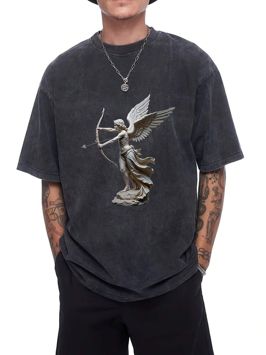 Herren-Freizeit--Shirt mit Rundhalsausschnitt, aus% Kurzarmstoff, mit kreativen Grafikdrucken, lockerem Strickstoff, im Streetwear-Stil, dehnbarer Passform und maschinenwaschbar. - Schwarz - Übersicht 1