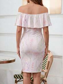 Maternity Dress Off-Shoulder Ruffle Floral Print Fitted Bodycon Mini Dress Casual Vacation Maternity Wear Summer - Mauve Purple - View 2