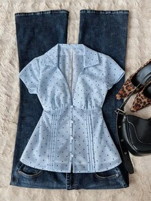 Blusa de mujer con escote en V, volantes y lunares, ropa de playa de moda, top casual sexy para primavera/verano - Azul - Ver 1