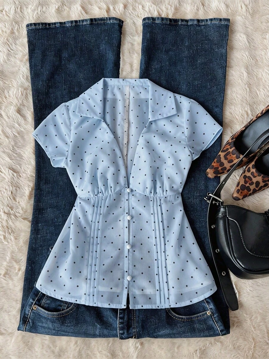 Blusa de mujer con escote en V, volantes y lunares, ropa de playa de moda, top casual sexy para primavera/verano - Azul - Ver 1