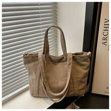 Bolso de cuero genuino para mujer, elegante bolso de mano y de hombro para oficina, citas y fiestas. Bolso de viaje de pana de gran capacidad, moderno, elegante, sencillo, tipo bandolera para mujer. - Caqui - Ver 2