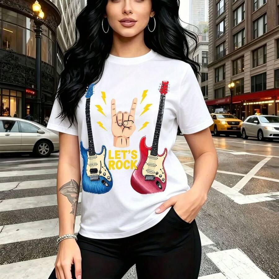Camiseta de mujer con estampado de dos guitarras eléctricas azul y roja, letra rockera y gesto "rock on" - camiseta casual de manga corta, ajuste cómodo y moderno, estilo urbano y musical - ideal para conciertos, salidas nocturnas en la ciudad y rega - Blanco - Ver 1