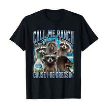 Camiseta de verano fresca y sencilla con cuello redondo, con el meme divertido del mapache "Call Me Ranch Cause I Be Dressing", camiseta de algodón 100% para mujer, ropa de verano y vacaciones para mujer, suave y transpirable, esencial para el día a día. Camiseta suave, casual y versátil. - Negro - Ver 1